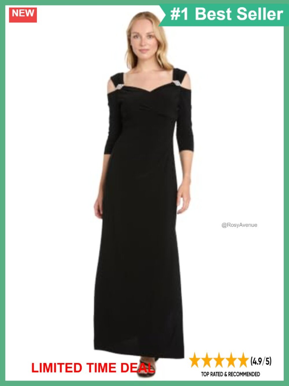 R&M Richards Long Cold Shoulder Empire Waist Evening Gown with Slit